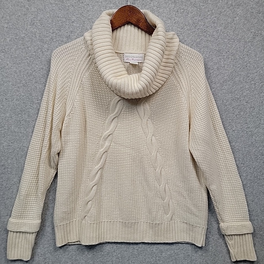 DESIGN HISTORY Women Large Pure Cashmere Sweater Cream Cable Cowl Neck Rib EUC